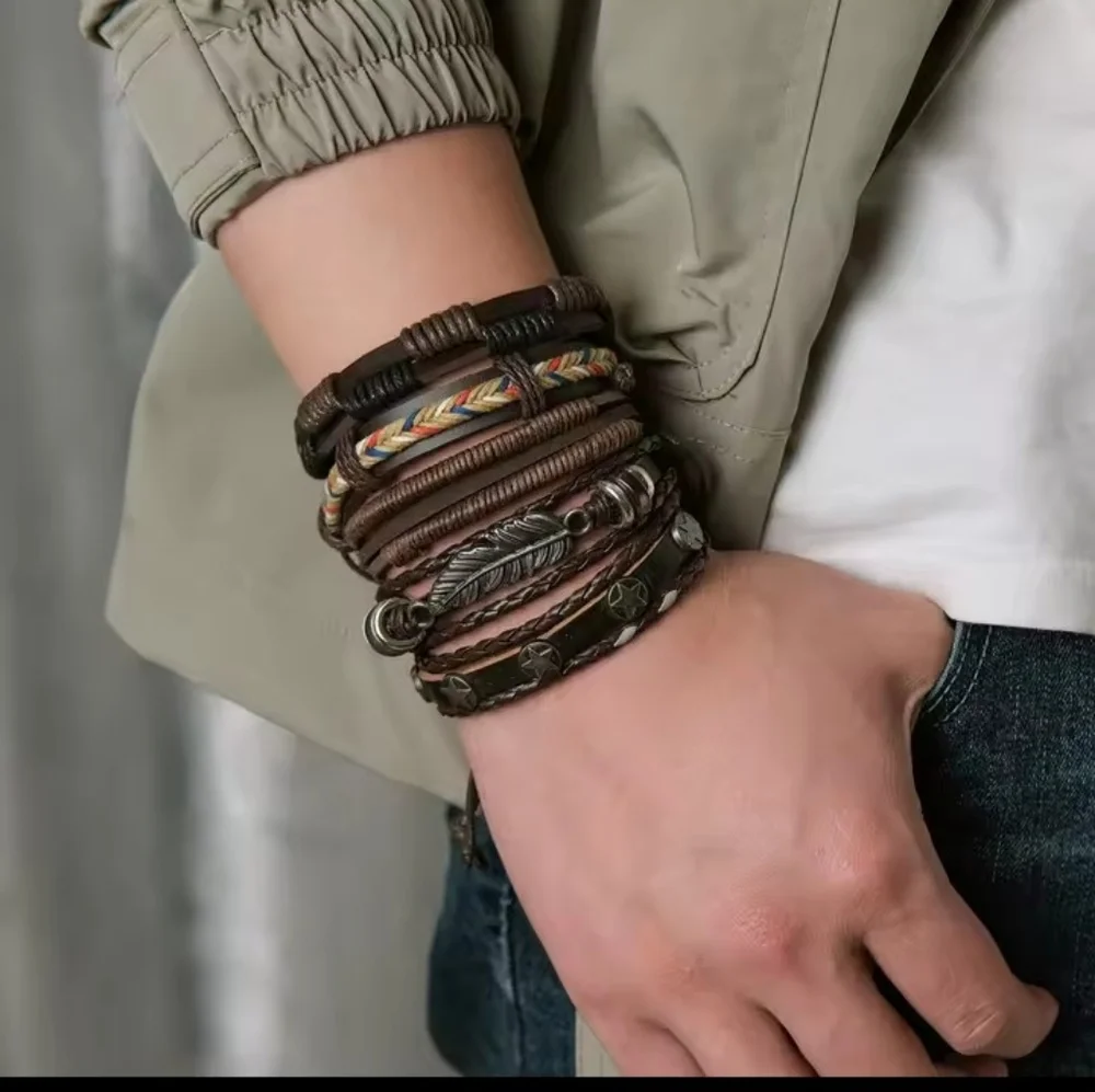 Men's Bracelets Leather 5pc Braided Layered Feather Brown Jewelry‎ F98